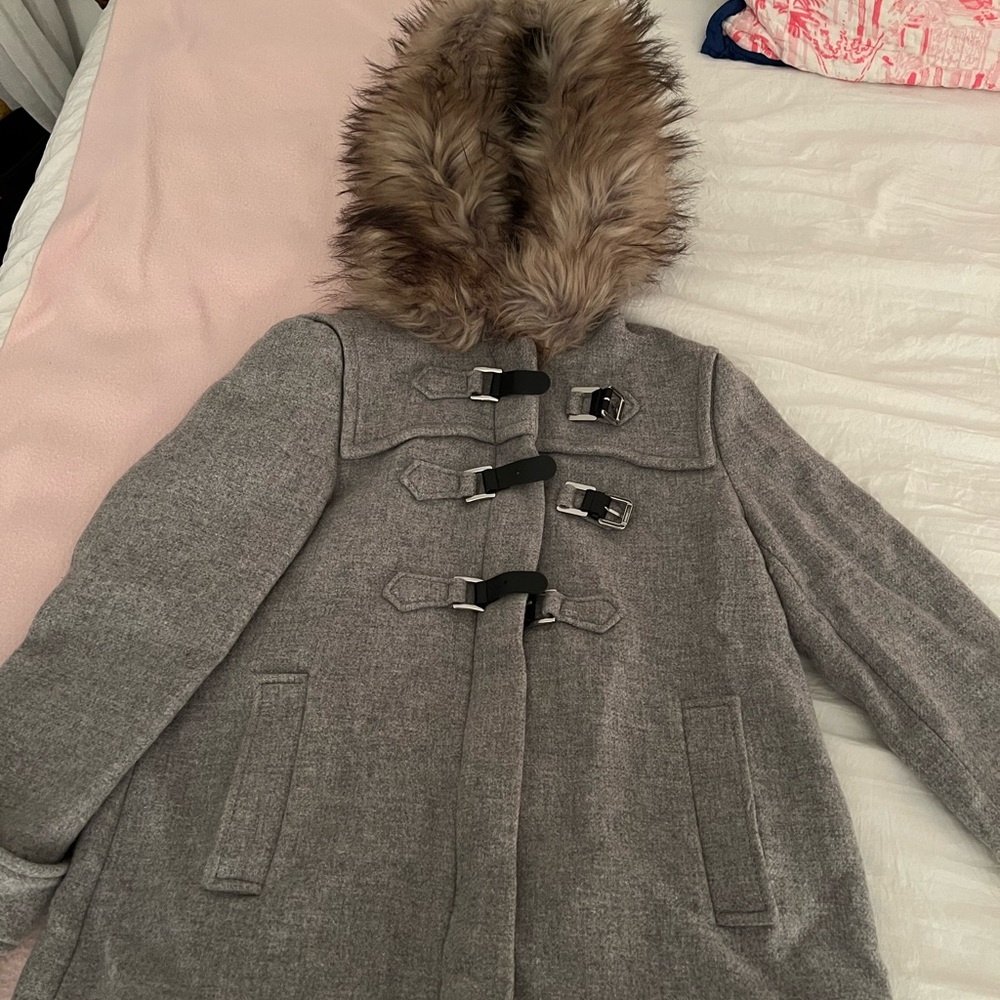 Zara Grey Wool Coat with Fur Hood